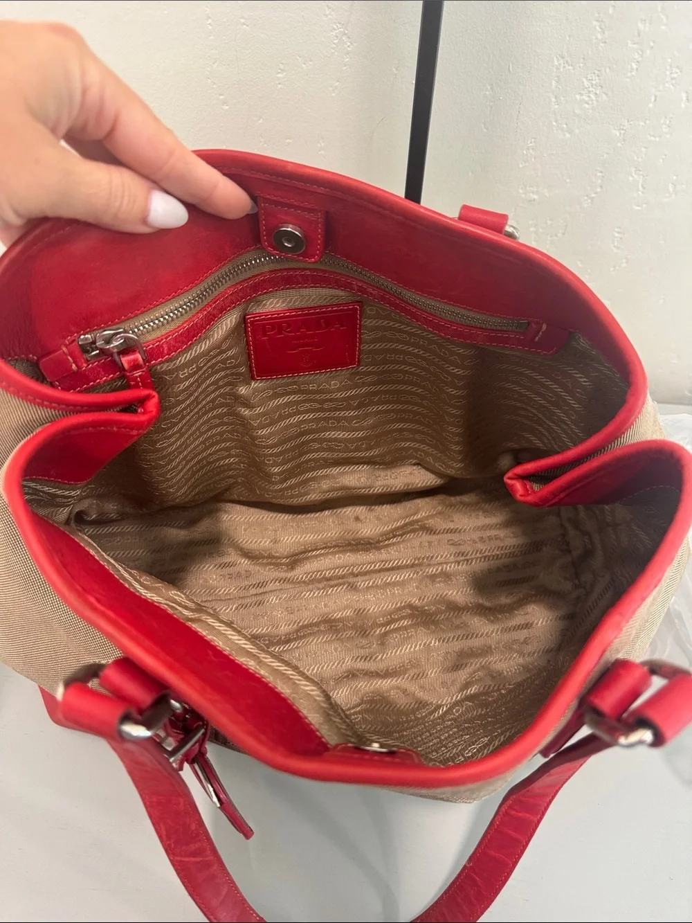 Prada Milano Canvas Tote with Red Leather Trim and Handles